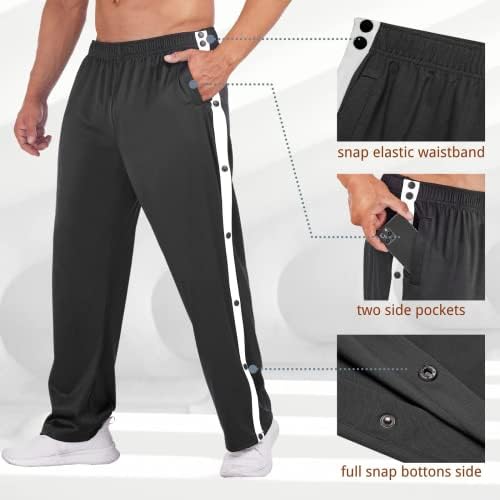Deyeek Men's Tear Away Basketball Pants High Split Snap Button Casual Post-Surgery Sweatpants with Pockets