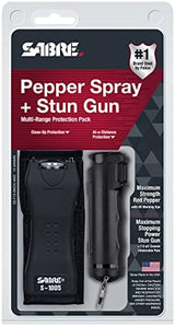 SABRE Pepper Spray & 2-in-1 Stun Gun with Flashlight, Self Defense Kit, Fast Flip Top Safety, Finger Grip for Better & Faster Aim, Painful 1.60 µC Charge, 120 Lumen LED Light, Rechargeable, 0.54 fl oz