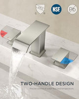FORIOUS Widespread Bathroom Sink Faucet 3 Hole Brushed Nickel, 2 Handles Waterfall Bathroom Faucet with Metal Pop-up Drain and 24" Hot and Cold Water Hoses, Suitable for Vanity RV Restroom
