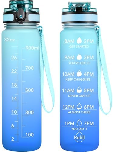 OLDLEY Water Bottle, 32oz Motivational Sports Water Bottle with Time Marker - Times to Drink - Tritan, BPA Free, Wide Mouth Leakproof, Sky (1 Bottle)