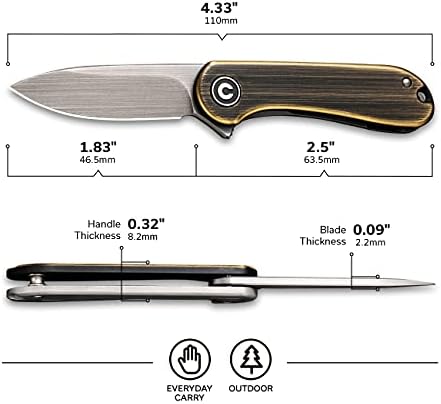 CIVIVI Mini Elementum Flipper Pocket Knife, Small folding Knife with 1.83" 14C28N Blade, Brass and Stainless Steel Handle C18062Q-1