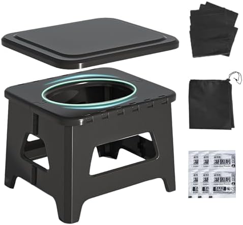 Portable Toilet for Adults, Folding Camping Toilet with Lid & Solidifier, Emergency Seat for Limited Mobility, Compact Potty for Home, RV & Travel, Anti-Slip Design (Black)