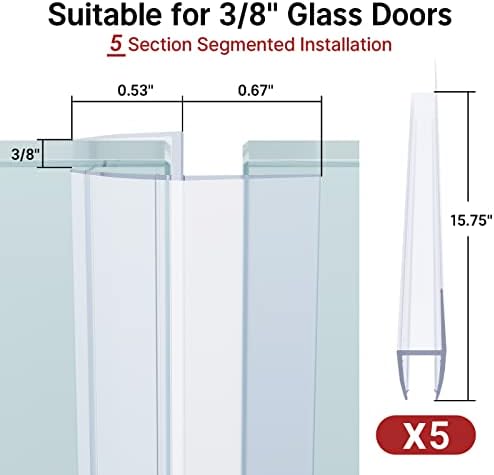 AmazerBath 5 PCS Shower Door Side Seal Strip for 3/8 Inch Glass - 15.75 Inches x 5, 5 Sections Segmented Shower Installation Kit, Frameless Glass Door Seal Strip