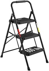 BONTEC 3-Step Ladder, Folding Step Stool, 600lbs Max Load Capacity, Sturdy Steel, Non-Slip Pedals, Lightweight, Portable Steel Ladder with Convenient Handrail, Safety Design for Home & Work, Black