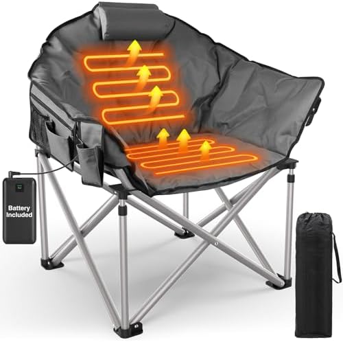 Slendor Heated Camping Chair Oversized, Portable Heated Chair Outdoor Sports with Backrest, High Back, Pillow, 3 Heat Levels, Folding Lawn Patio Lounge Chair, Supports 440 lbs