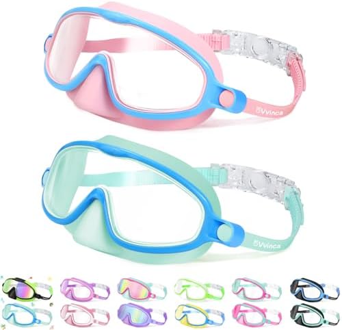 Vvinca 2 Pcs Kids-Swim-Goggles with Nose Cover, Swimming Diving Mask Wide View Anti Fog UV Anti Shattered Lens for Kids 3-6