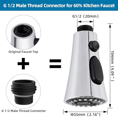 Hygie Rinse Universal Kitchen Faucet Head Replacement with 15 Adapter Kit Compatible with Kohler/Moen/Delta Faucet, 3 Function Pull Down Sink Faucet Spray Head, Chrome