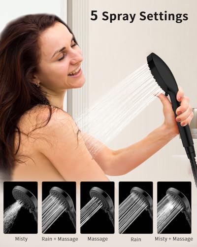 Shower Head with Handheld, High Pressure Handheld Shower Head with 80" Extra Long Stainless Steel Hose & Adjustable Bracket, Showerhead with ON/OFF Switch, Black