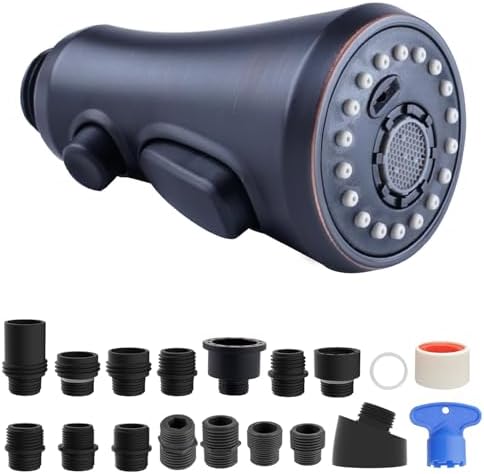 Hibbent Pull Down Spray Head, 3-Function Spray Nozzle with 15 Adapters, Kitchen Sink Faucet Head Replacement Compatible with Moen, American Standard, Delta, Kohler Faucets, Oil-Rubbed Bronze