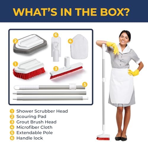 Shower Scrubber with Long Handle, Stiff Bristles Grout-Brush, Tub Scrub-Brush with Long-Handle, Shower-Cleaner Brush, Grout Cleaning Brush for Tile floors, Scouring Pad & Microfiber Cloth for Bathroom