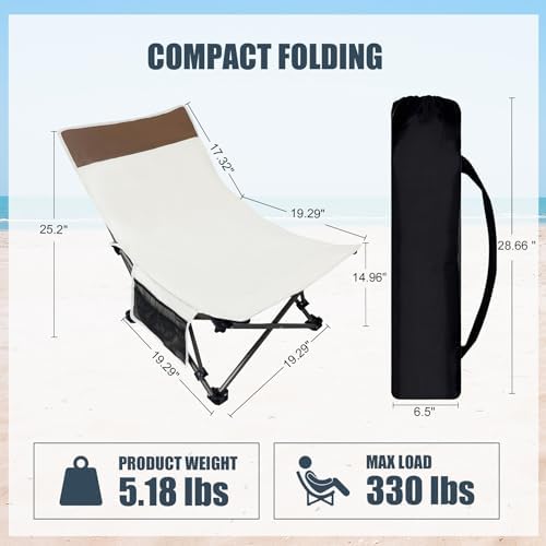 Compact Backpack Beach Chairs 2 Pack with Adjustable Backrest & Side Pocket, Low Folding Camping Chairs for Adults, Portable Reclining Chairs for Beach, Lawn, Travel