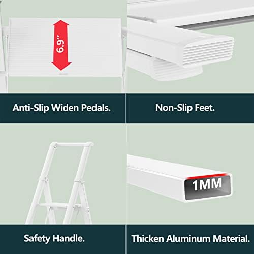 WOA WOA 4 Step Ladder, Ladders for Home, Anti-Slip Pedals, Aluminum Step Stool Foldable, Lightweight to Move, Ease of Storage, Reach 9ft for Closet Kitchen Library, Hold 300lbs - White