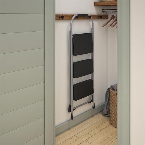 Cosco 11408PBL1E Three Step Big Step Folding Step Stool with Rubber Hand Grip, Grey