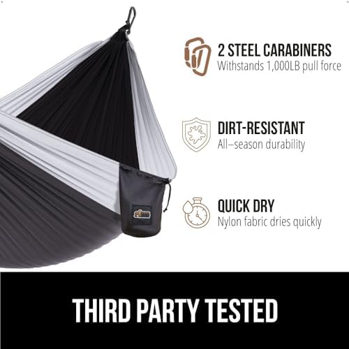 GORILLA GRIP Durable Portable Camping Hammock, Holds 500lbs with Heavy Duty Tree Straps, Comfortable Travel Swing, Camp Hammocks, Easy to Use and Install, Outdoor Essentials, Green, 10x6.5 FT