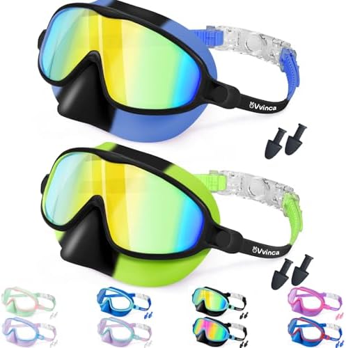 Vvinca Swim Goggles with Nose Cover, 2 Pack Wide View Diving Mask Anti-Fog UV No Leak Toddlers Swimming Goggles for Kids 3-15