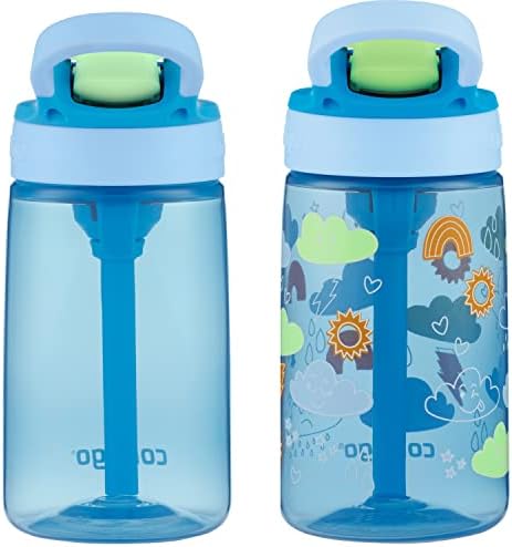 Contigo Kids Water Bottle with Redesigned AUTOSPOUT Straw, 14oz., 2 Pack, Blue Poppy and Periwinkle & Blue Poppy with Periwinkle and Into the Clouds
