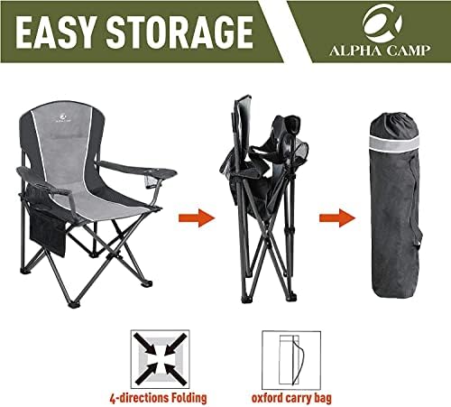 ALPHA CAMP Oversized Camping Folding Chair - Heavy Duty Steel Frame Support 350 LBS, Collapsible Padded Arm With Cup Holder, Quad Lumbar Back, Portable for Outdoor/Indoor