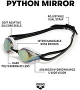 ARENA Unisex Python Racing Swim Goggles for Men and Women Anti-Fog No Leak Max Comfort Dual Strap, Mirror/Non-Mirror Lens