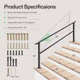 VIVOSUN Outdoor Handrail, 6-7 Step Stair Handrail, 83" x 36" Fits 1 to 7 Steps, Wrought Mattle Iron Handrail for Concrete Steps, Porch Steps, Black, HR-0004