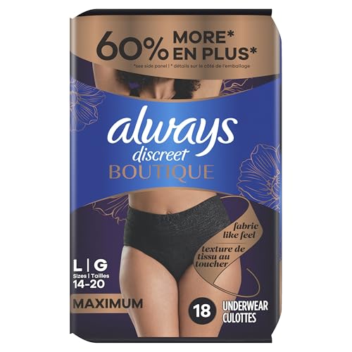 Always Discreet Boutique Incontinence and Postpartum Underwear for Women, Maximum Protection, Large, Black, 18 Count