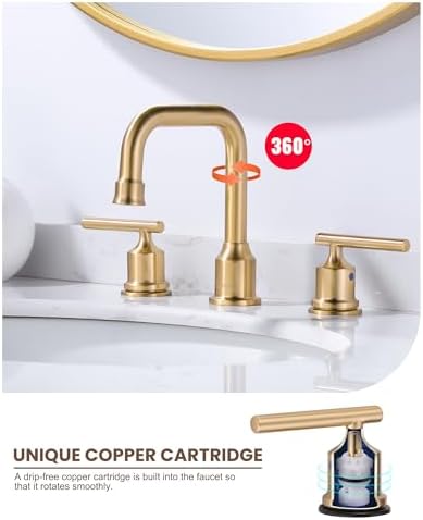 WOWOW Brushed Gold Bathroom Faucet Widespread Bathroom Sink Faucet 2 Handle Lavatory Tap 3 Holes with Drain and Supply Hoses Mordern Basin Taps