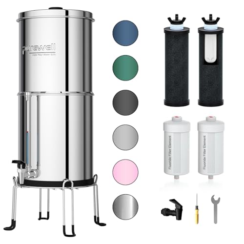 Purewell 8-Stage 0.01μm Ultra-Filtration Water Filter System, 304 Stainless Steel Countertop System with 4 Filters, Metal Water Level Spigot and Stand, Reduce Fluoride and Chlorine, 2.25G, PW-OB-CF