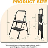 2 Step Ladder, Portable Steel Folding Step Stool with Wide Anti-Slip Pedal & Convenient Handgrip, 500lbs Sturdy Steel Ladder, Black