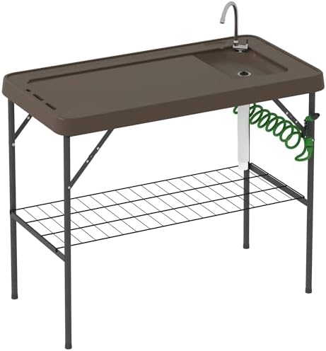 Outsunny Folding Fish Cleaning Table with Sink, Portable Camping Sink Station with Faucet, Drainage Hose, Sprayer and Grid Rack, Outdoor Fillet Table for Picnic Beach Patio, Tan
