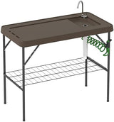 Outsunny Folding Fish Cleaning Table with Sink, Portable Camping Sink Station with Faucet, Drainage Hose, Sprayer and Grid Rack, Outdoor Fillet Table for Picnic Beach Patio, Tan