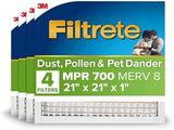 Filtrete 21x21x1 AC Furnace Air Filter, MPR 700, MERV 8, Tough on Pollen, Easy on Airflow, 3-Month Pleated 1-Inch Electrostatic Air Cleaning Filter, 4-Pack (Actual Size 20.81 x 20.81 x 0.81 in)