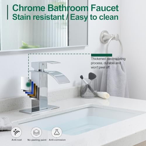 VOTON Chrome Bathroom Faucets Waterfall Bathroom Sink Faucet Modern Single Handle Bathroom Faucet for 1 or 3 Holes with Deck Plate and Pop-Up Drain, Rv Sink Camper Farmhouse Bathroom Faucet