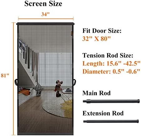 MAGZO Hanging Screen Door, Fits Door Size 32" x 80" (Curtain Size 34'' x 81''), Upgraded Fiberglass Mesh Net with Tension Rod&Hook&Loop (One Piece Can be Installed in 2 Ways), Weighted Bottom, Grey