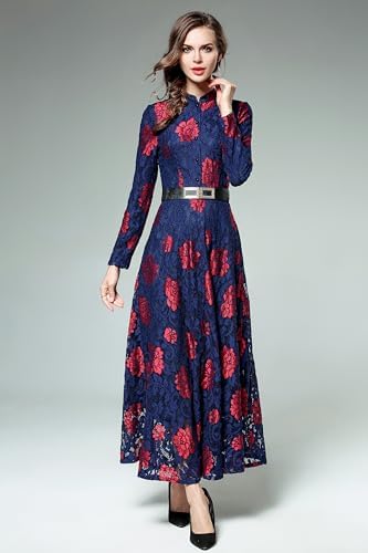 LAI MENG FIVE CATS Women's Flowy Lace Floral Hollow Out Short Sleeve Dress with Belt