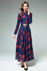 LAI MENG FIVE CATS Women's Flowy Lace Floral Hollow Out Short Sleeve Dress with Belt