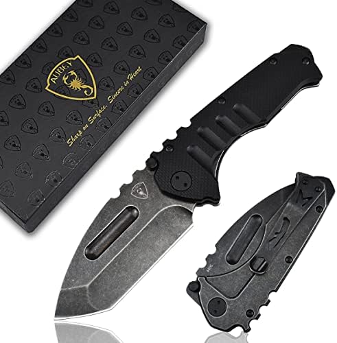 AUBEY Folding Pocket Knife with Tanto Tumbled 440C Steel Blade, Frame Lock, Black G10 Handle, Clip, Glass Breaker, Heavy Duty EDC Knife for Men Hunting, Magic Axe