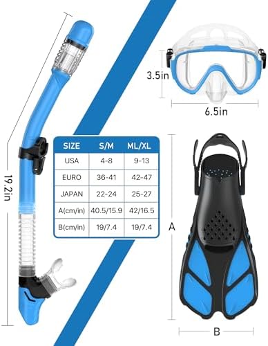 Snorkeling Gear for Adults Men Women,4 in 1 Snorkel Set with Panoramic View Diving Mask Anti-Fog Anti-Leak,Dry Top Snorkel,Fins and Travel Bag for Swimming,Snorkeling and Travel Diving