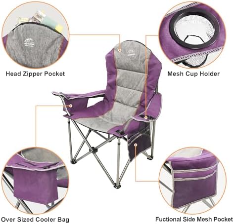 Camping Chairs for Adults,High Back Folding Camp Chair with Cup Holder and Cooler Bag,Heavy Duty Outdoor Lawn Chairs,Perfect for Camping,Hiking,Picnics,and Beach Trips,Purple