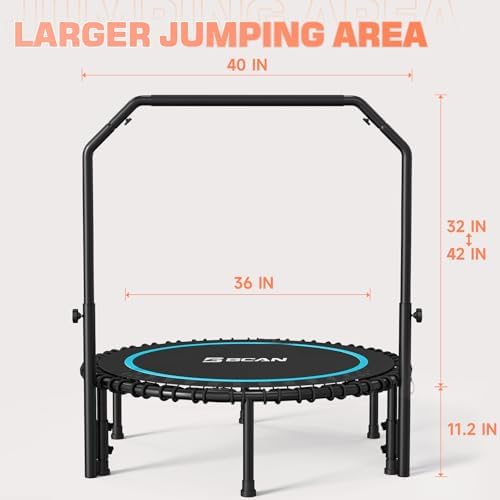 BCAN 450/550 LBS Foldable Mini Trampoline, 40"/48" Adult Fitness Trampoline with Bungees, U Shape Adjustable Foam Handle, Stable & Quiet Exercise Rebounder,Indoor/Outdoor Workout