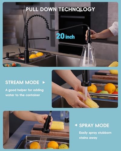 APPASO Black Kitchen Faucet with Soap Dispenser and Pull Down Sprayer, SUS304 Stainless Steel Commercial Single-Handle Spring Faucet for Kitchen Sink, Matte Black