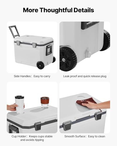 VEVOR Ultra-Light Hard Cooler, Ice Retention Cooler with Heavy Duty Handle, Ice Chest Lunch Box for Camping, Travel, Outdoor, Keeps Cool for up to 6 Days, 30% Lighter Than Rotomolded Coolers