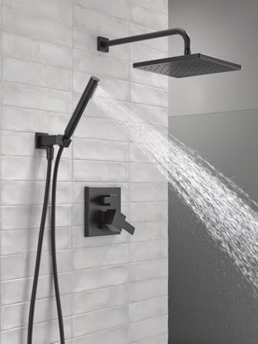 Delta Faucet Modern Raincan 2-Setting Shower Square System Including Rain Shower Head and Handheld Spray Black, Rainfall Shower System Brushed Black, Shower Valve Trim Kit, Matte Black 342701-BL