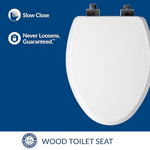 Mayfair Bennett Toilet Seat with Matte Black Hinges, Slow Close Wood Seat, Secure Metal Hinges, Easy Install, Made in USA, Elongated, White