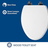 Mayfair Bennett Toilet Seat with Matte Black Hinges, Slow Close Wood Seat, Secure Metal Hinges, Easy Install, Made in USA, Elongated, White