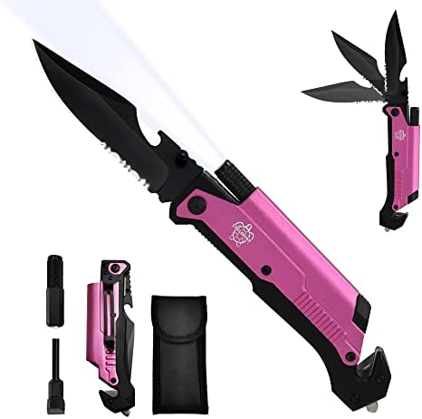 8.5" Military Outdoor Hunting Camping Pocket Knife, 7 in 1 Multi-Function Folding Knives with Fire Starter LED Light Seatbelt Cutter Glass Breaker Bottle Opener Tactical Blade (Pink)