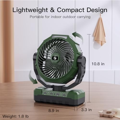 FRIZCOL 3-in-1 Camping Fan - Portable Fans Rechargeable - 24000mAh 9-Inch Battery Powered Fan(140Hrs) with Light & Remote for Indoor, Outdoor, Tent, Travel, BBQ, Fishing, Jobsite - Green