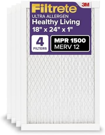 Filtrete 18x24x1 AC Furnace Air Filter, MERV 12, MPR 1500, CERTIFIED asthma & allergy friendly, 3 Month Pleated 1-Inch Electrostatic Air Cleaning Filter, 4-Pack (Actual Size 17.81 x 23.81 x 0.78 in)