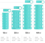 purifyou 40/32/22/12 oz Borosilicate Glass Water Bottles with Volume Markers, Silicone Sleeve, Stainless Steel Lid, Reusable Bottle for Water, Juice, Gym, and Fridge Storage (22oz Aqua Blue)