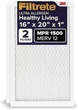 Filtrete 16x20x1 AC Furnace Air Filter, MERV 12, MPR 1500, CERTIFIED asthma & allergy friendly, 3 Month Pleated 1-Inch Electrostatic Air Cleaning Filter, 2-Pack (Actual Size 15.69x19.81x0.78 in)