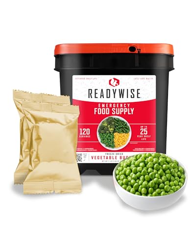 ReadyWise, 120 Servings, Vegetable Bucket, Broccoli, Sweet Corn, Green Beans, Peas, Freeze Dried, 20 Years Shelf Life, Emergency Food