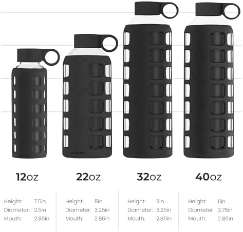 purifyou 40/32/22/12 oz Borosilicate Glass Water Bottles with Volume Markers, Silicone Sleeve, Stainless Steel Lid, Reusable Bottle for Water, Juice, Gym, and Fridge Storage (22oz Jet Black)